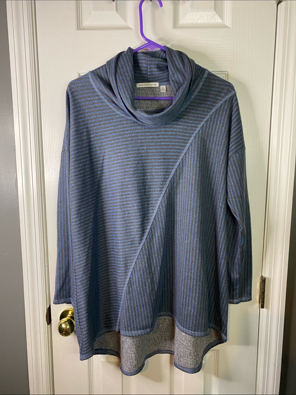 Notations Blue & Gray Striped Cowl Neck Sweater Size Medium:
